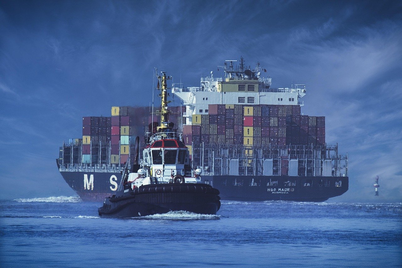 ship, container ship, tractor, sea, seafaring, nature, shipping, container, logistics, freight, automobile